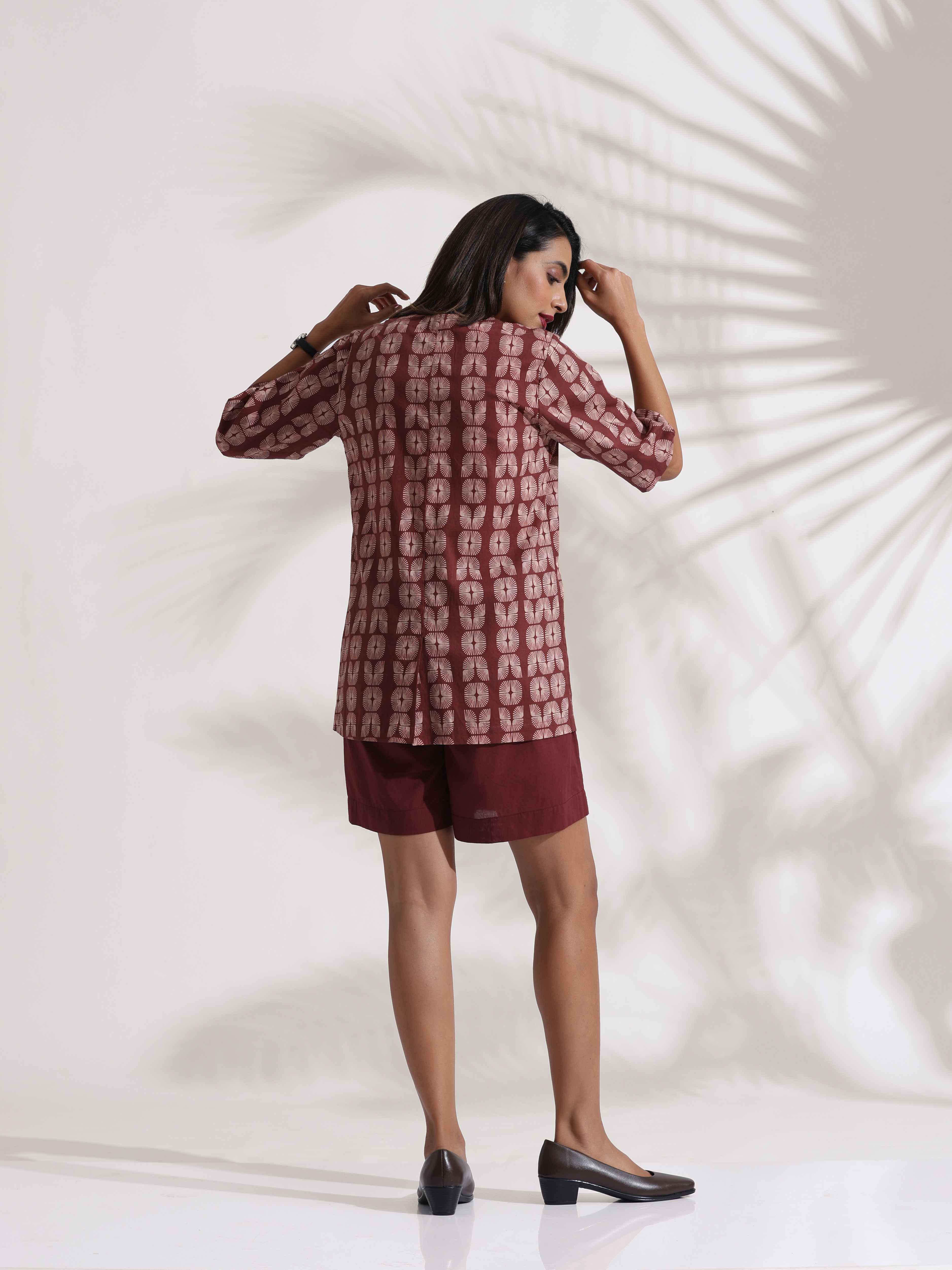 trueBrowns Brown Cotton Print Jacket Top & Short Co-ord Set | Grocsy