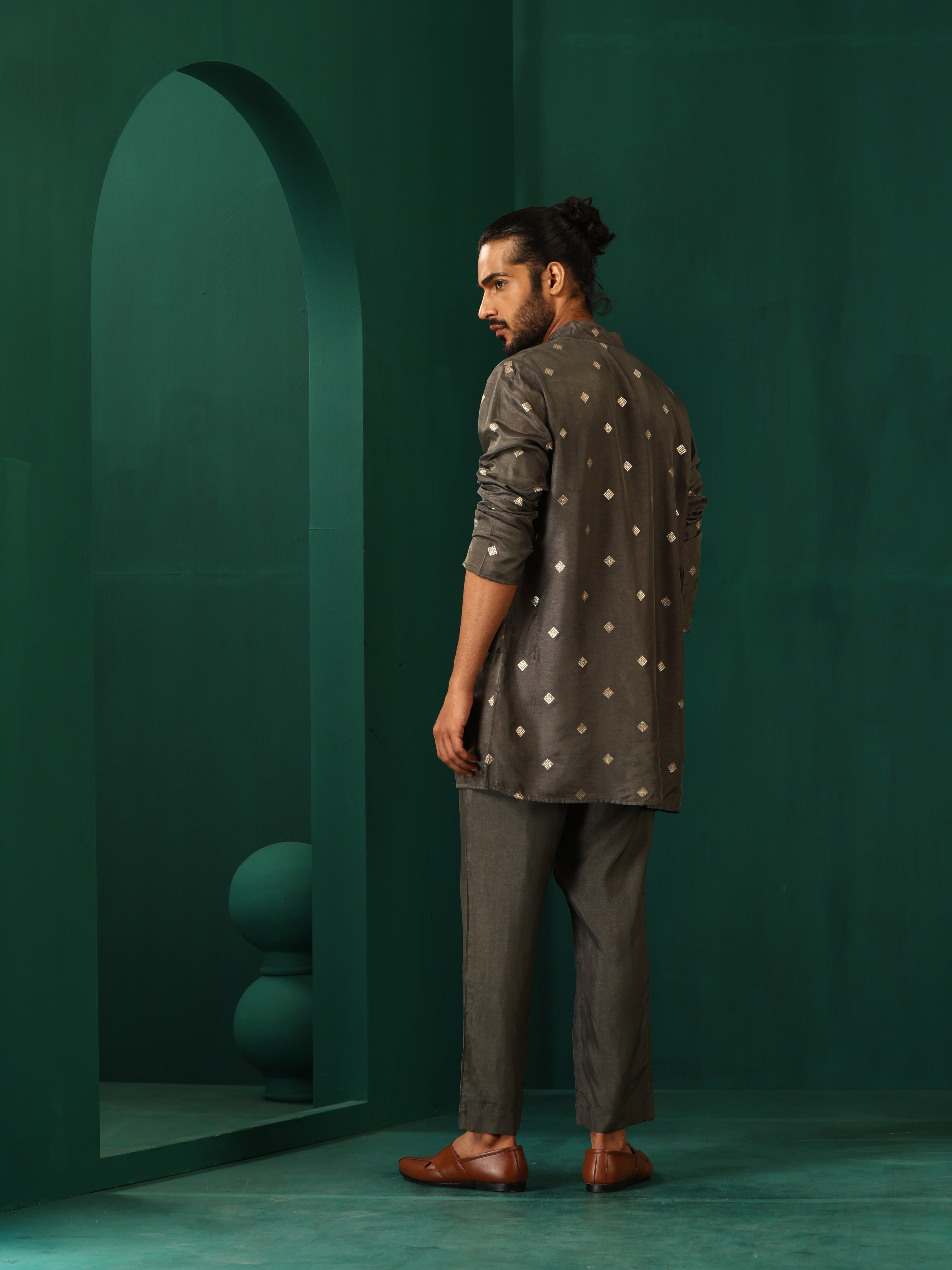 trueBrowns Men's Grey Diamond Viscose Silk Co-ord Set | Grocsy