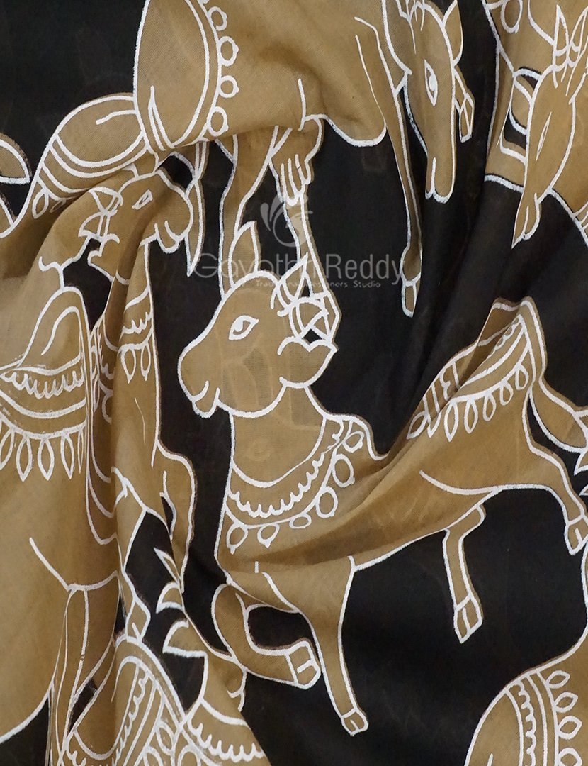 Black And Khaki Combo Colour Pichwai Print Crocia Mulmul Cotton Saree By Gayathri Reddy Designer Studio | Grocsy