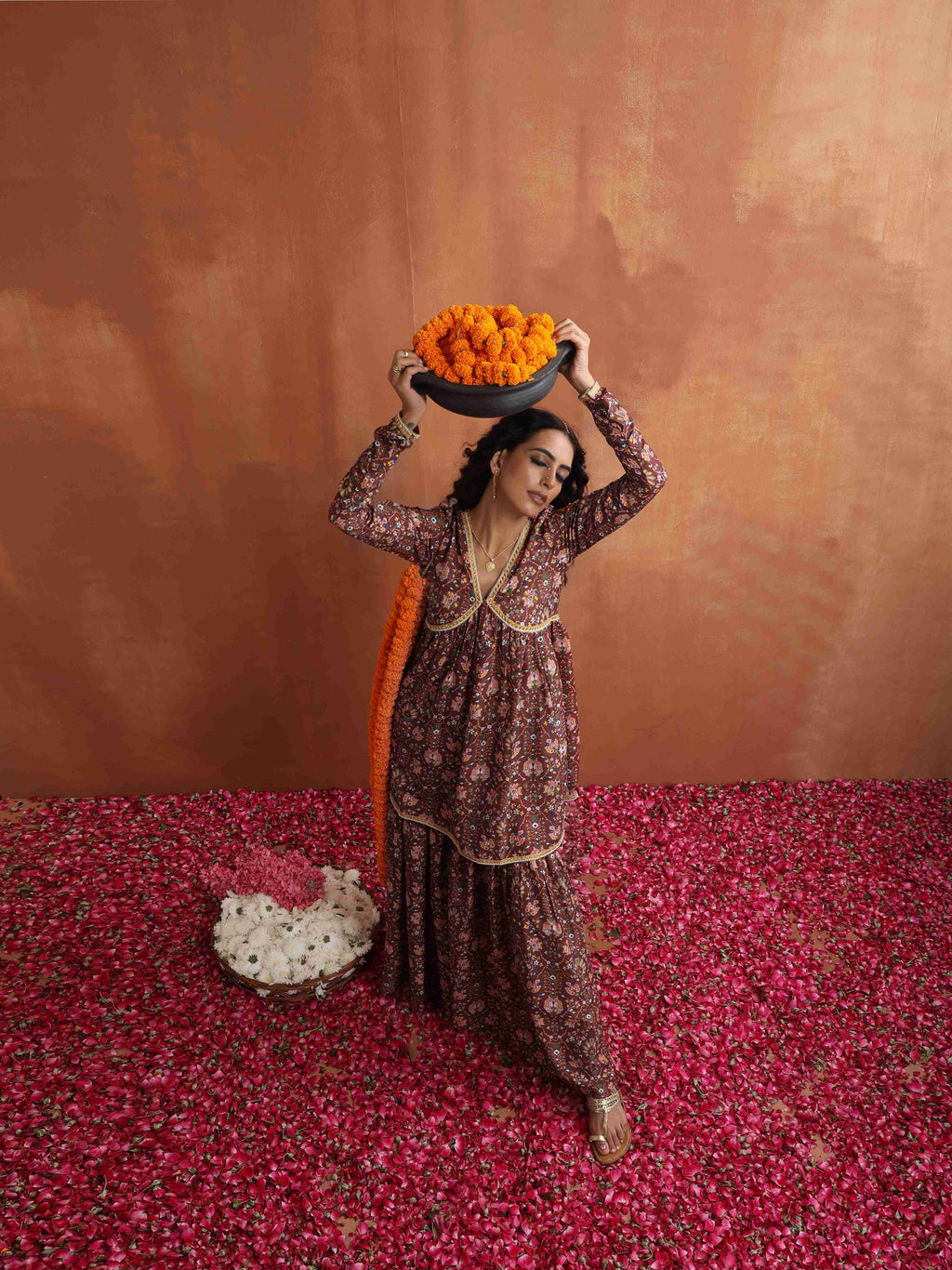 trueBrowns Brown Print Sharara Set | Grocsy