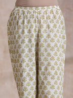 trueBrowns Green Buta On Off White Block Print Cotton Slit Gathered Kurta Set | Grocsy