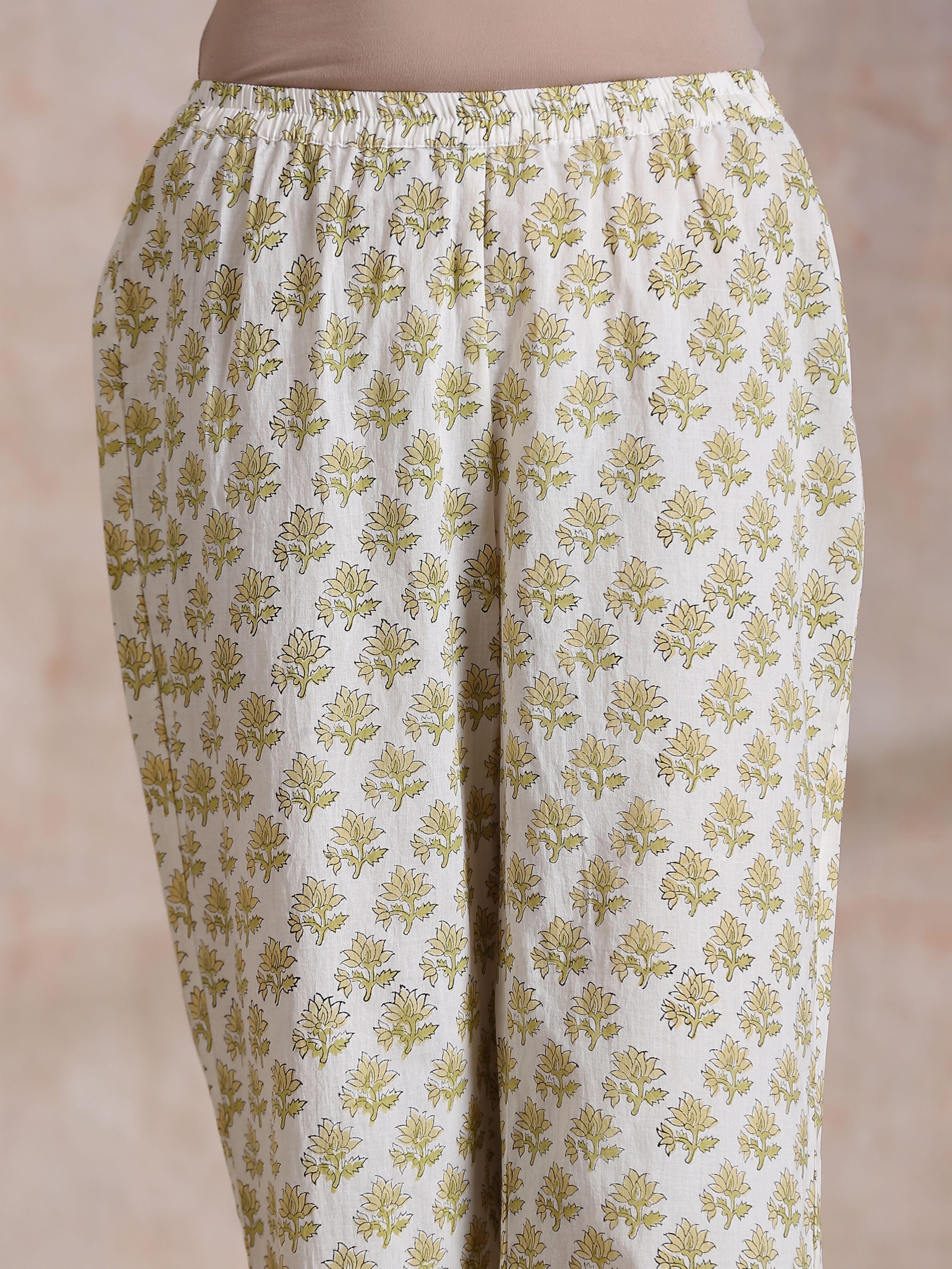 trueBrowns Green Buta On Off White Block Print Cotton Slit Gathered Kurta Set | Grocsy
