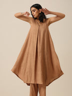 trueBrowns Beige Slub Texture Sleeveless Flared Kurta Pant Set | Grocsy