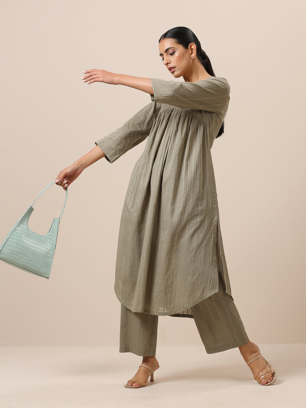 trueBrowns Cotton Olive Green Flared Slit Kurta Pant Set | Grocsy