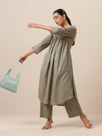 trueBrowns Cotton Olive Green Flared Slit Kurta Pant Set | Grocsy