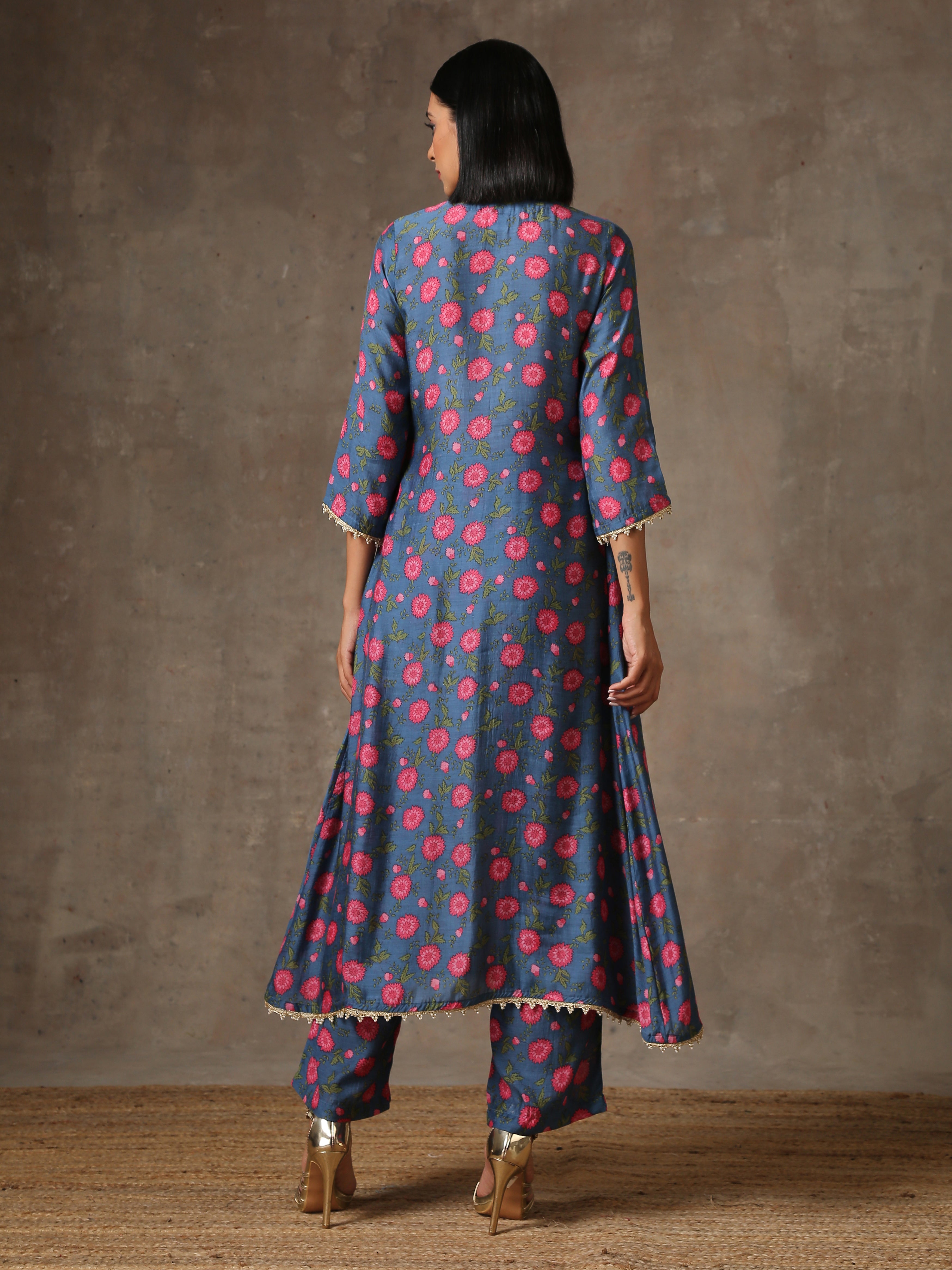 trueBrowns Blue Pink Printed Silk Kurta Pant Set | Grocsy
