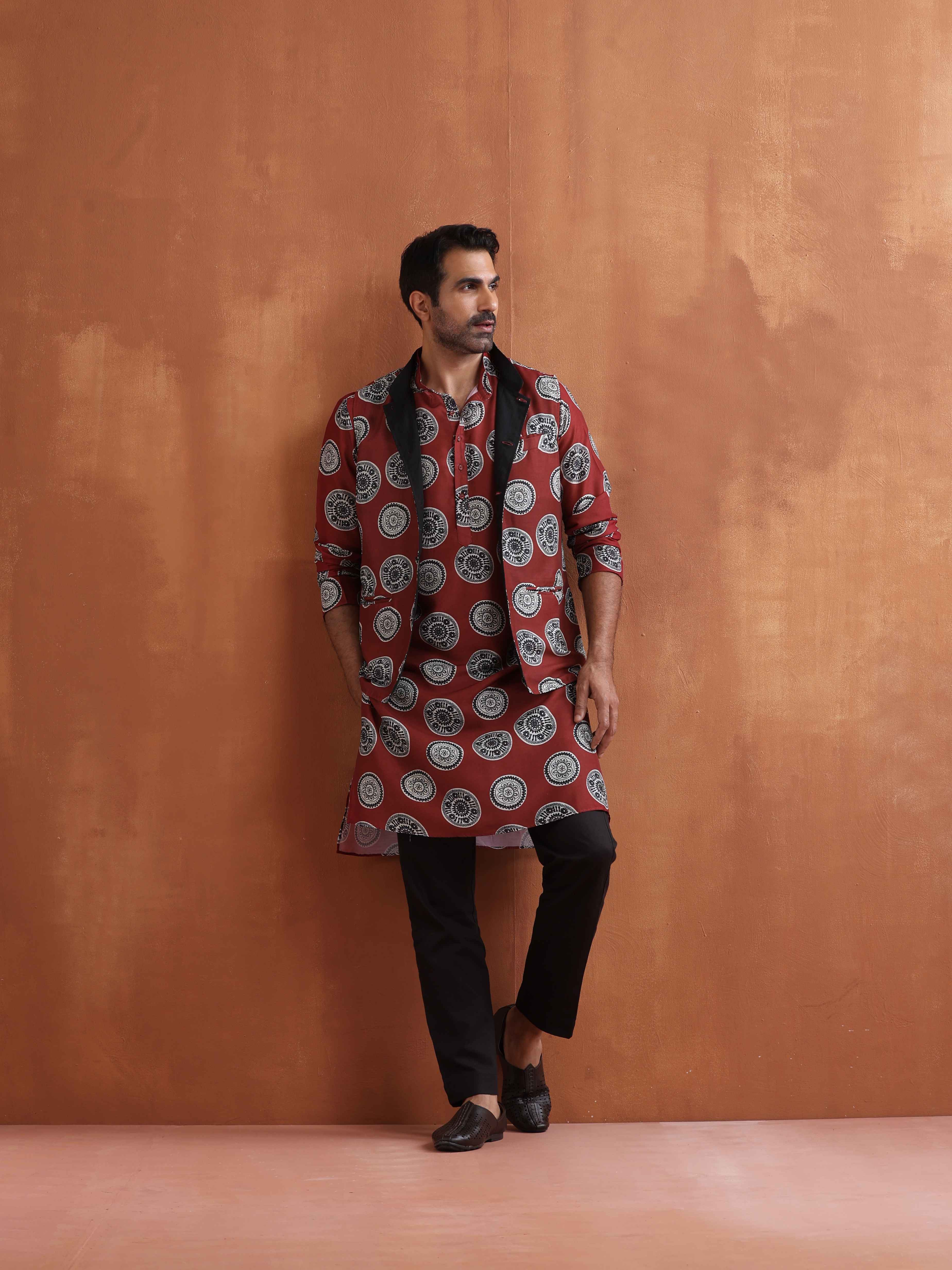 trueBrowns Men's Rust Printed Nehru Jacket | Grocsy