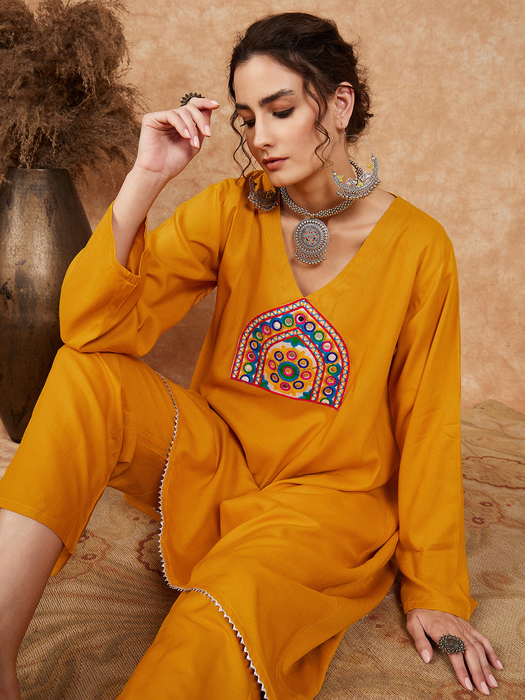 InWeave Women's Mustard Trangle Yellow Patch Work Assymentrical Kurta Set | Grocsy