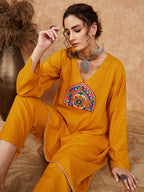 InWeave Women's Mustard Trangle Yellow Patch Work Assymentrical Kurta Set | Grocsy