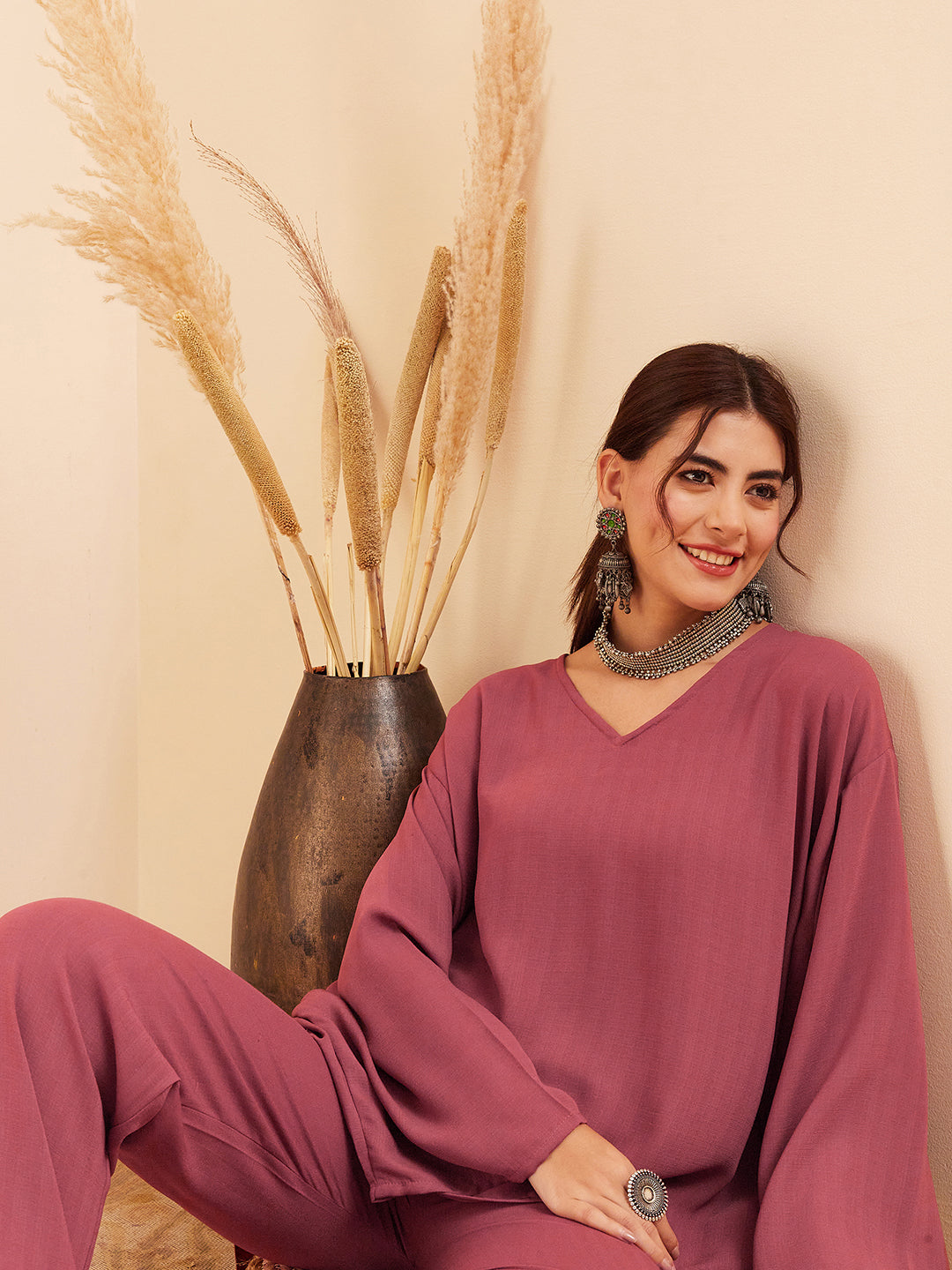InWeave Women's Light Brown Full Sleeve Boho Top Bottom Set | Grocsy