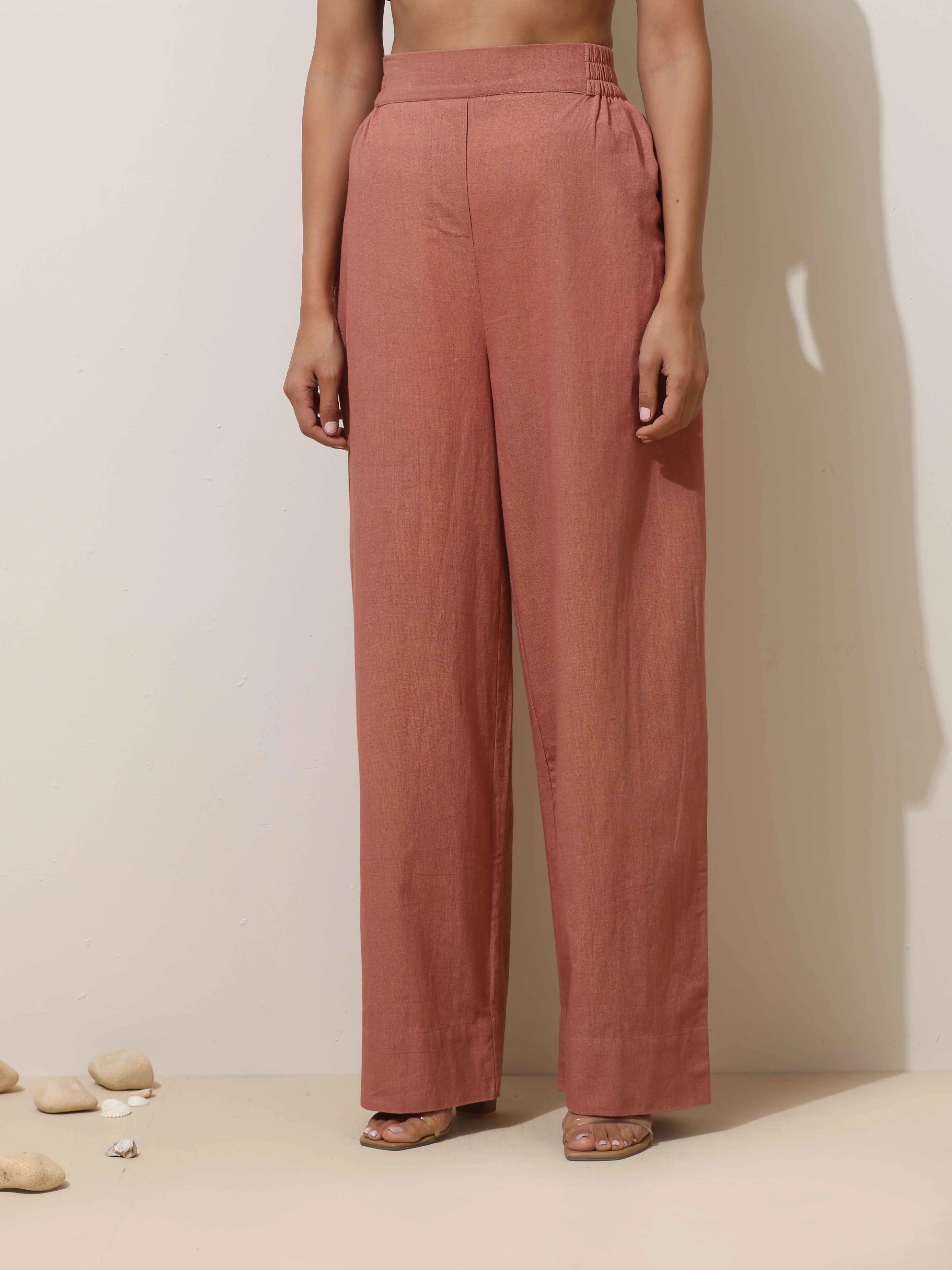 trueBrowns Peach Cotton Linen Kurta Pant Set | Grocsy