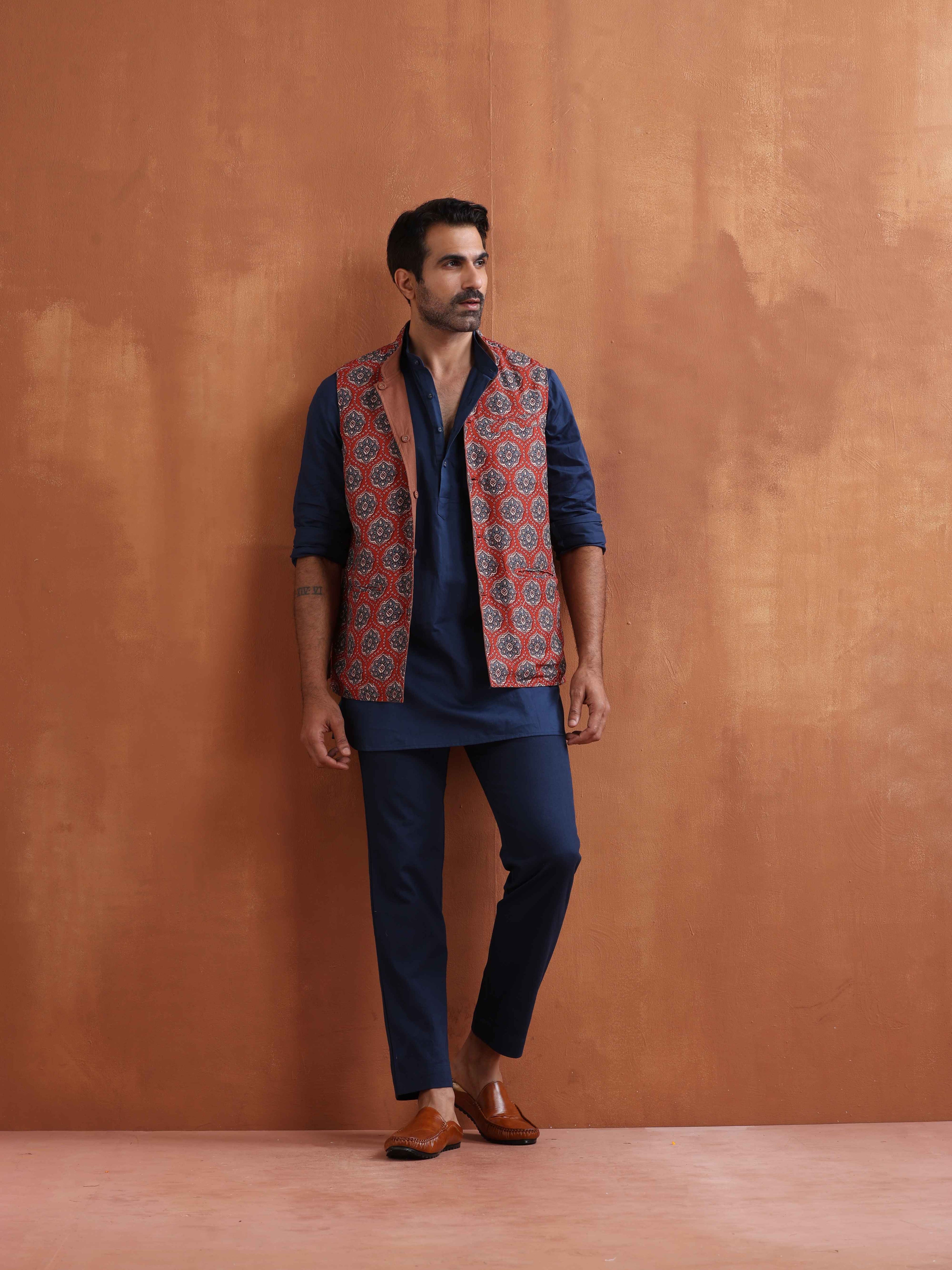 trueBrowns Men's Blue Cotton Short Kurta | Grocsy