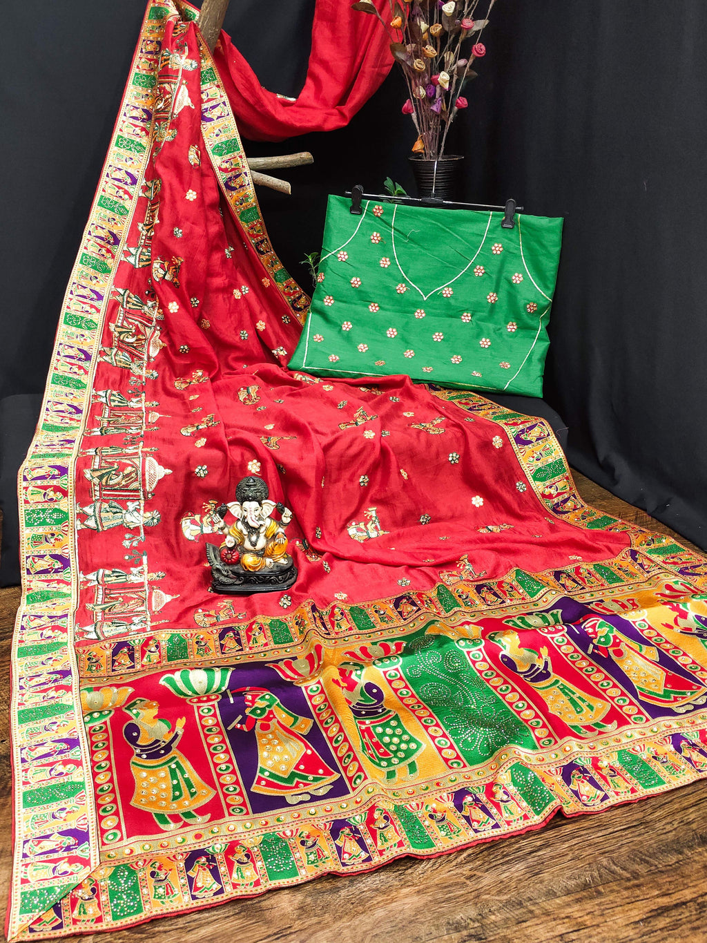 Lorenvalley Fashion Premium Red Vichitra Silk Embroidery and Diamond work Both Side Saree | Grocsy