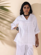 trueBrowns White Cotton Dobby V-Neck Co-ord Set | Grocsy