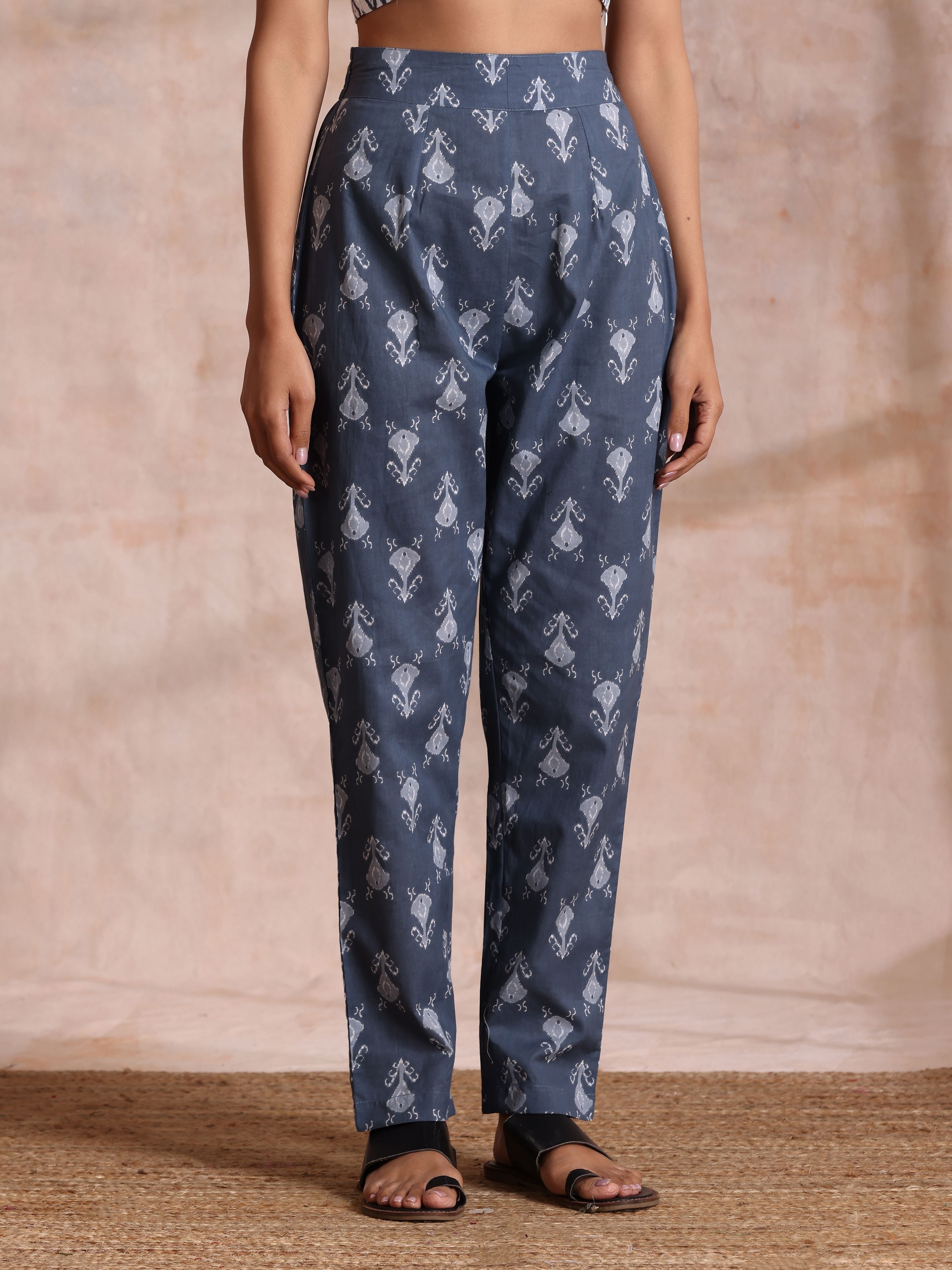trueBrowns Grey On Grey Ikat Print Cotton Pant Suit Set | Grocsy