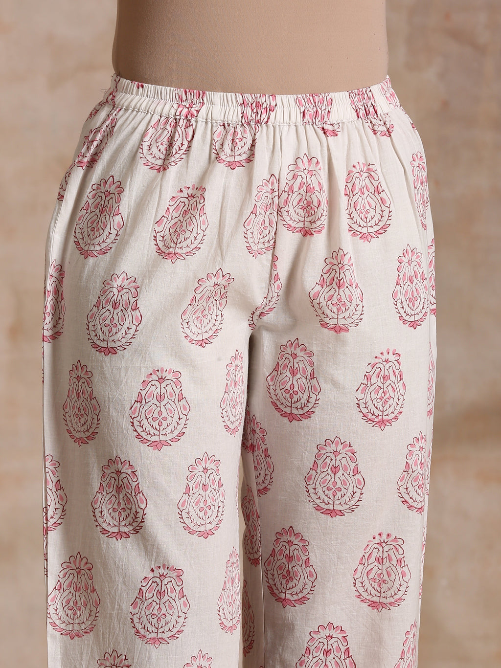 trueBrowns Pink Big Buta On White Print Cotton Angrakha Kurta Pant Set | Grocsy