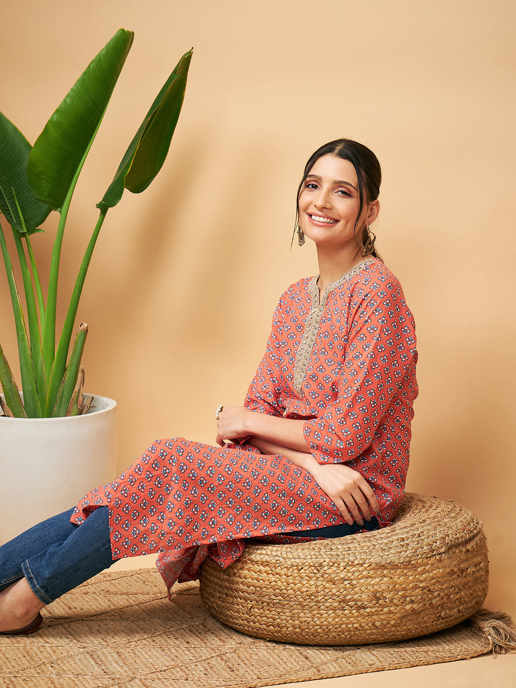 InWeave Women's Coral Blue Boota Print Gota Straight Kurta | Grocsy