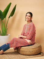 InWeave Women's Coral Blue Boota Print Gota Straight Kurta | Grocsy