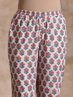 trueBrowns White With Pink Blue Floral Block Print Cotton Flared Slit Kurta Pant Set | Grocsy