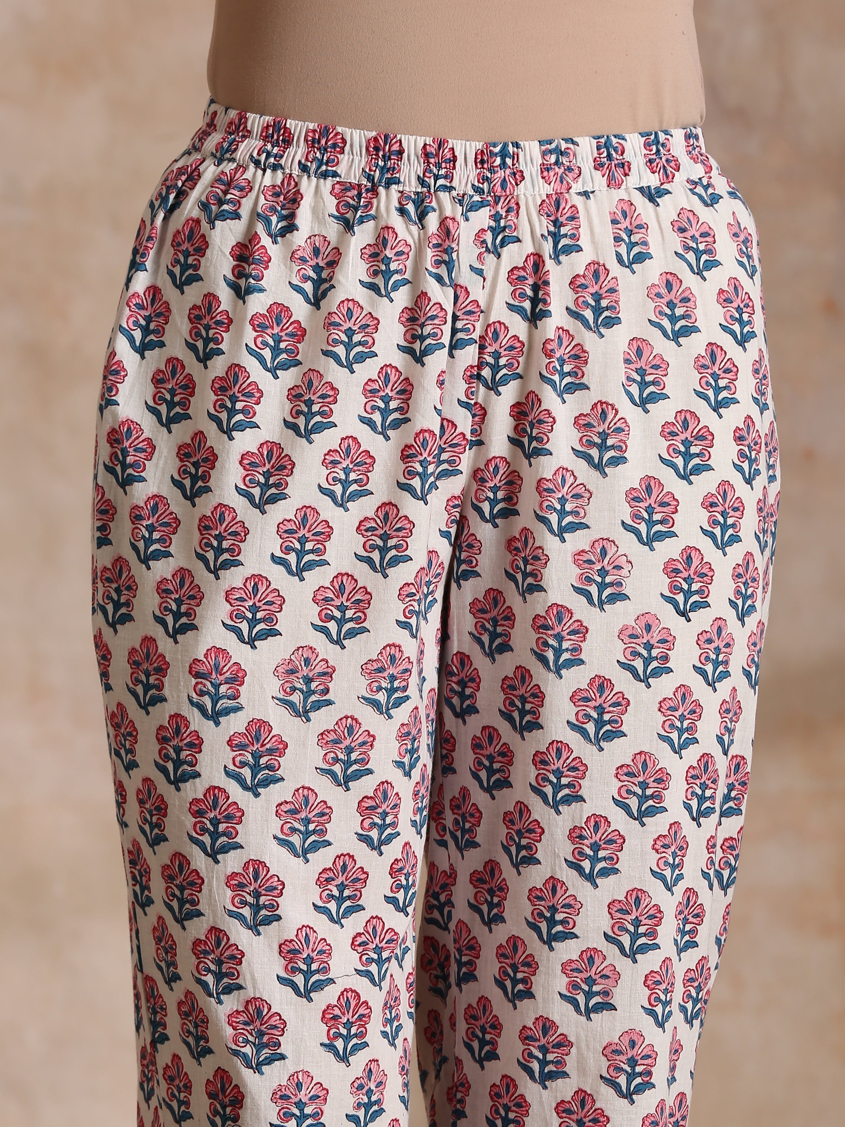 trueBrowns White With Pink Blue Floral Block Print Cotton Flared Slit Kurta Pant Set | Grocsy