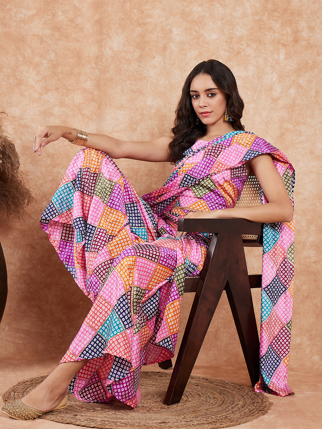 InWeave Women's Pink Square Multi Badhani Palazzo Saree | Grocsy