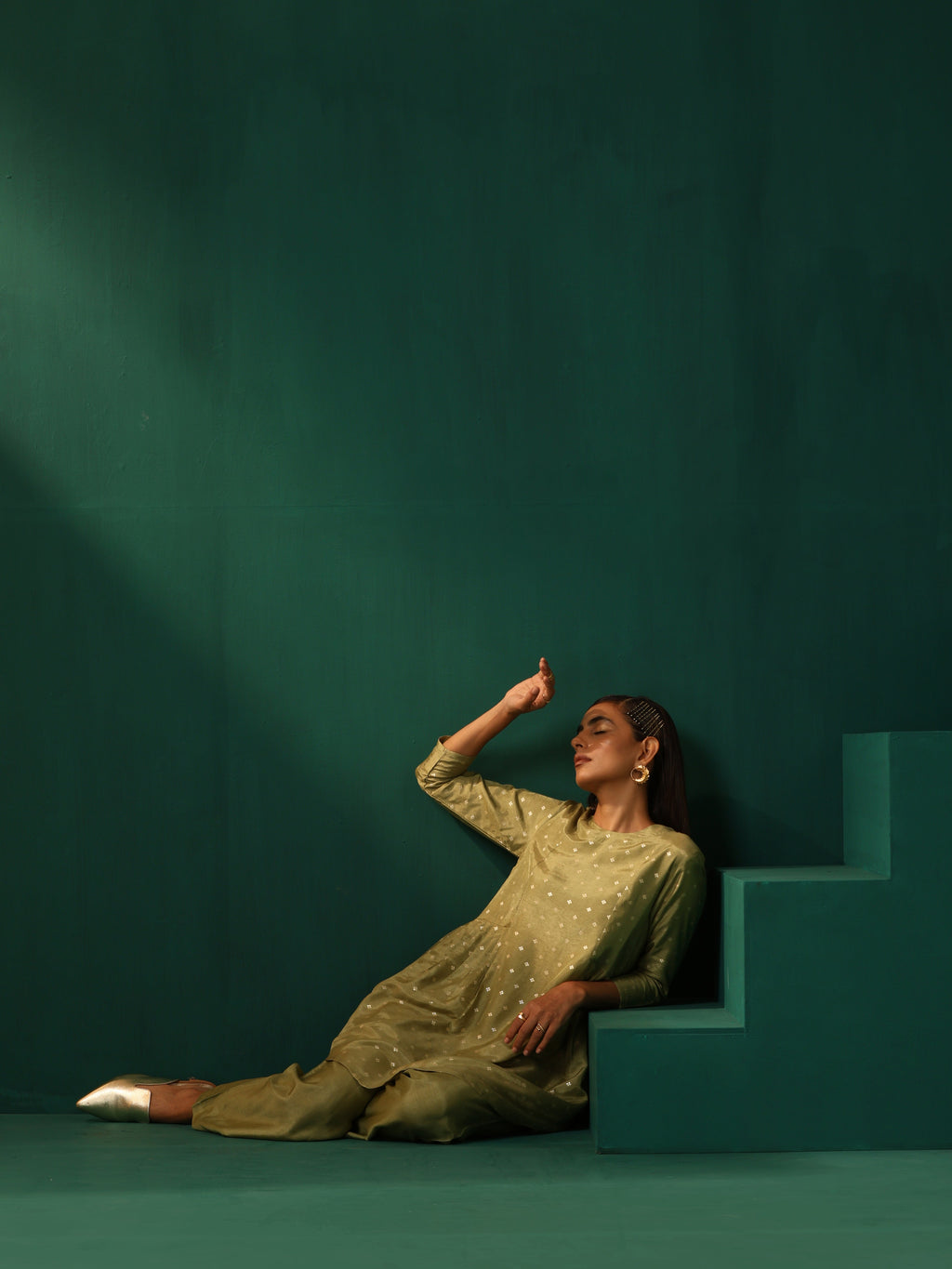 trueBrowns Green Square Viscose Silk Side Gathered Co-ord Set | Grocsy