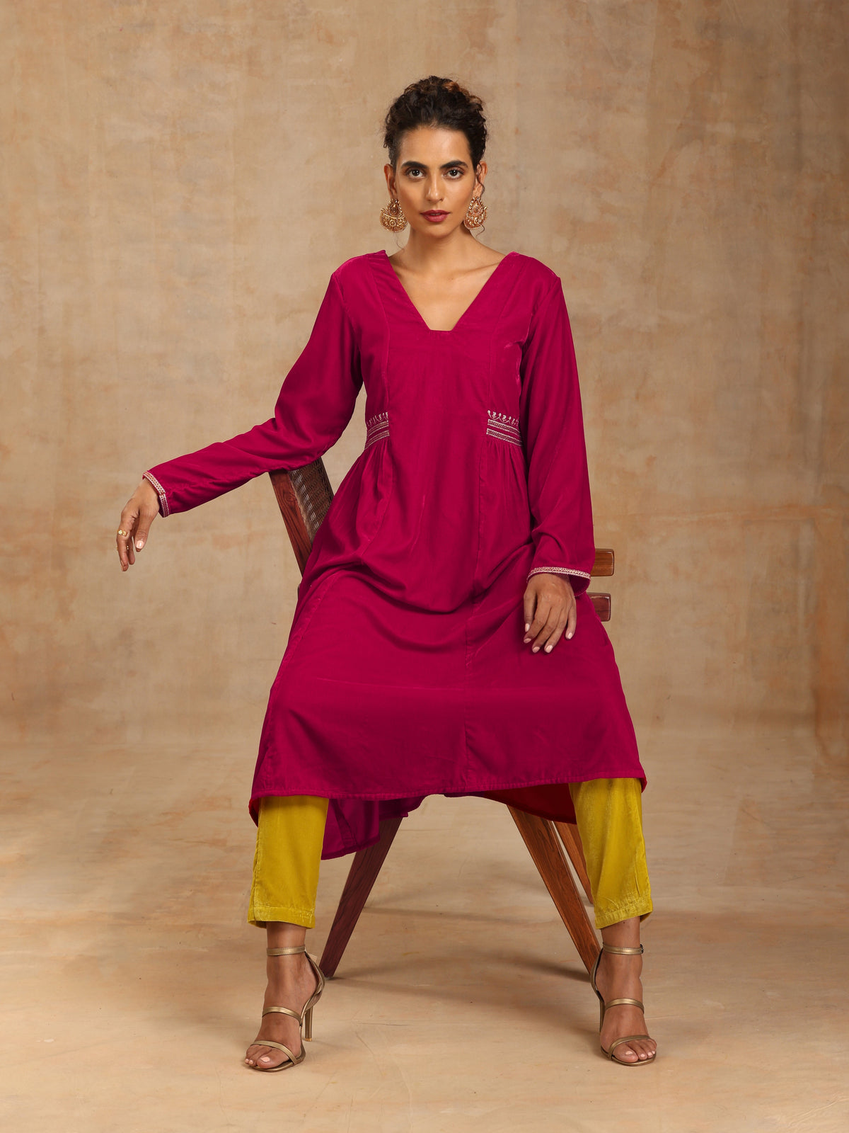 trueBrowns Rani Pink Velvet Embroidered Kurta | Grocsy