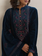 trueBrowns Blue Velvet Floral Embroidered Kurta Pant Dupatta Set | Grocsy