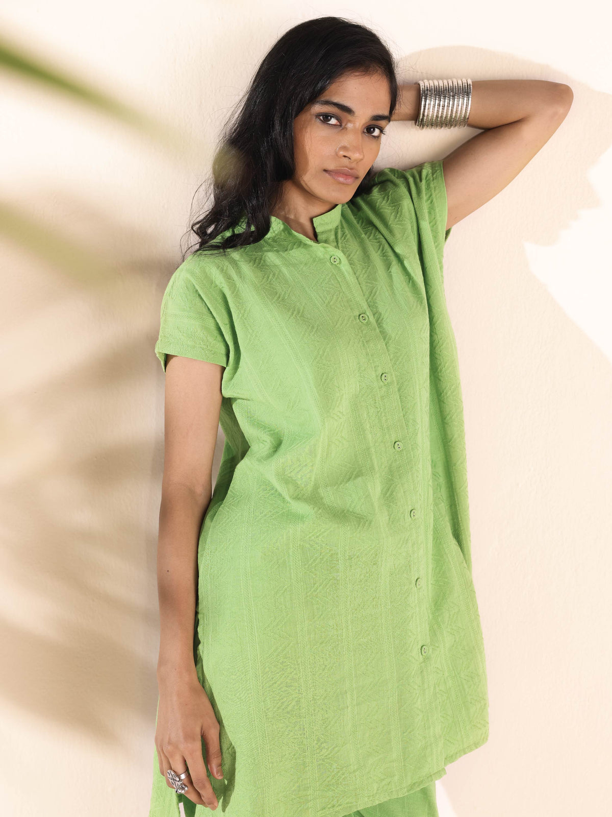 trueBrowns Green Cotton Dobby Shirt Co-ord Set | Grocsy