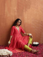 trueBrowns Hot Pink Tissue Flared Anarkali Kurta Set | Grocsy