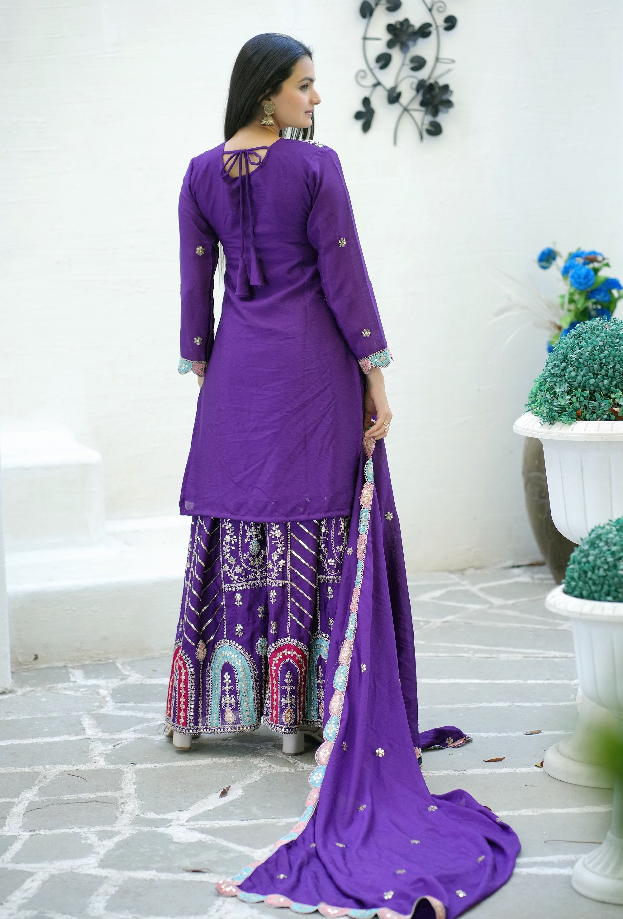 Teeya Creation Purple Color Chinon Silk Heavy Embroidery Work Fully Stitched Sharara Suit | Grocsy