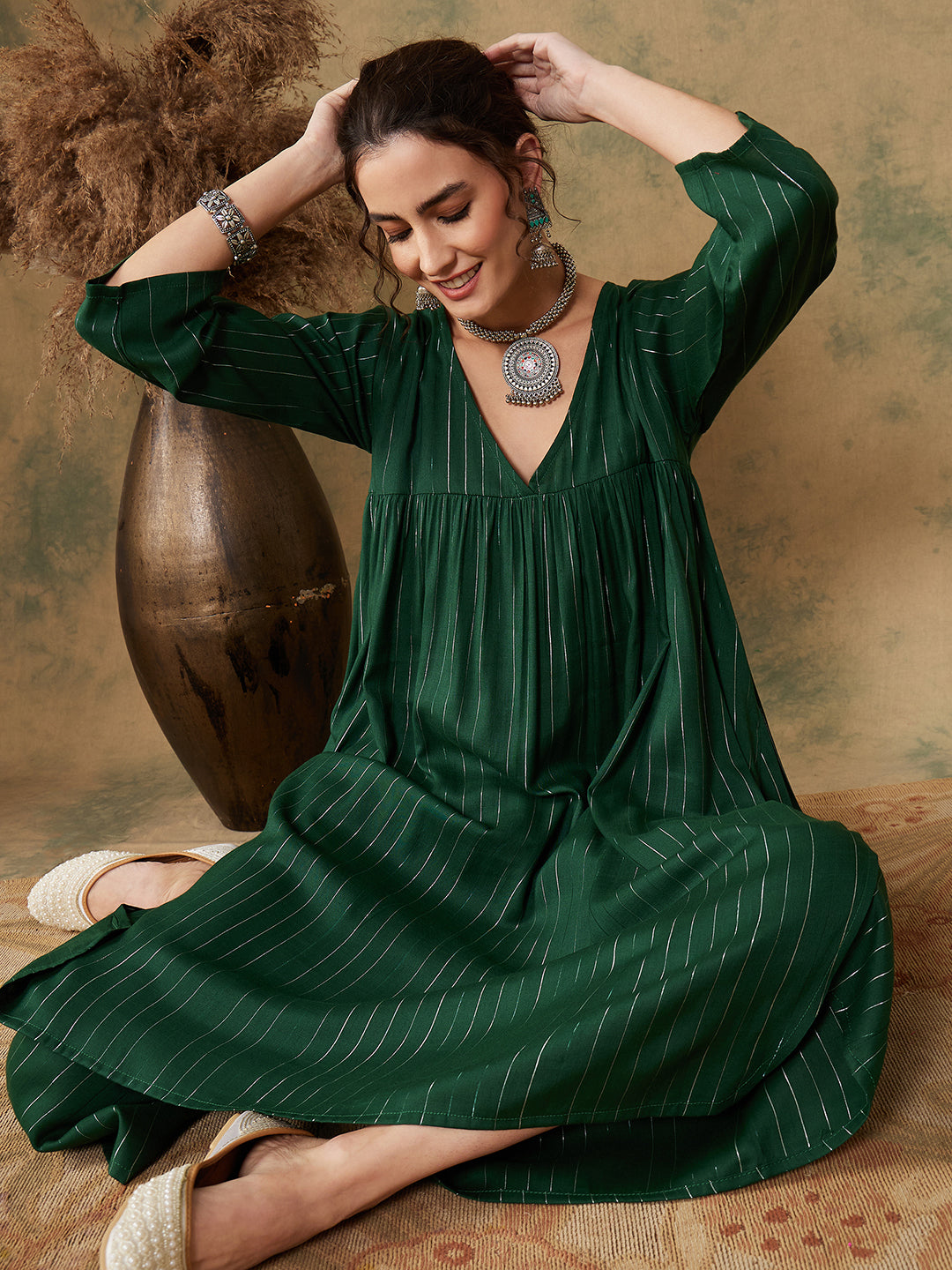 InWeave Women's Pine Green Lurex Flared V Neck Kurta Palazzo Set | Grocsy
