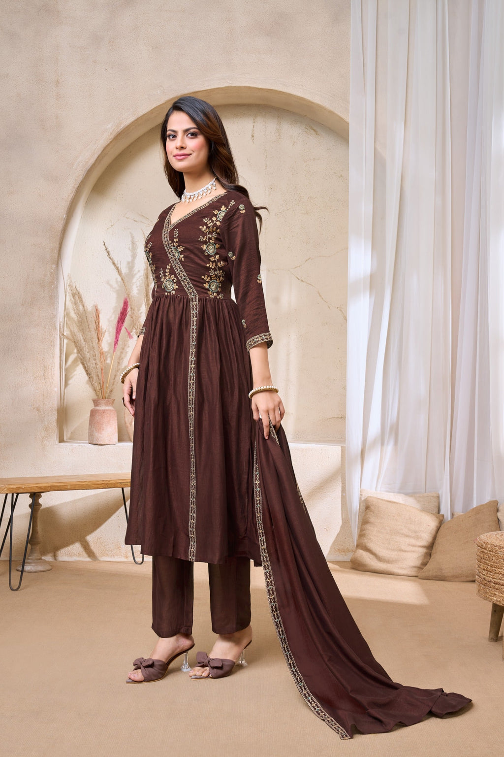 Anaita Coffee Anarkali Readymade Suit with Embroidery Work | Grocsy