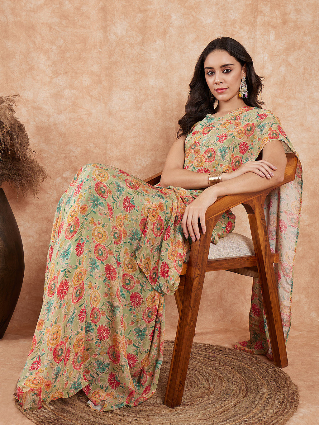 InWeave Women's Pear Green Red Floral Skirt Saree | Grocsy