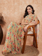 InWeave Women's Pear Green Red Floral Skirt Saree | Grocsy