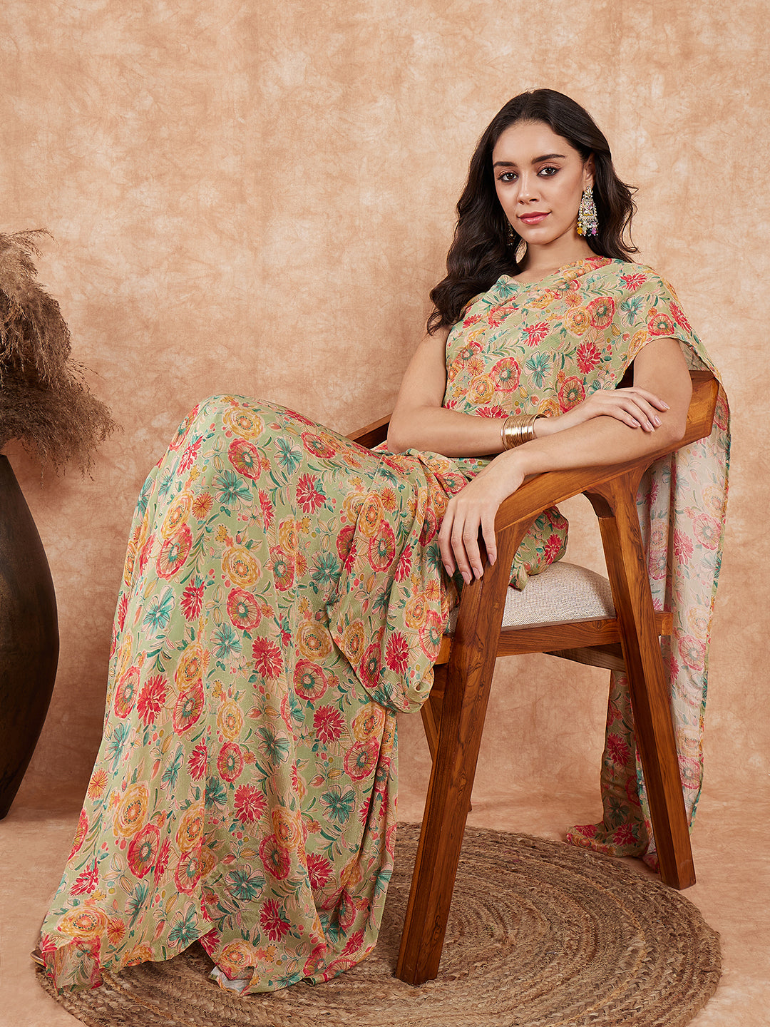 InWeave Women's Pear Green Red Floral Skirt Saree | Grocsy