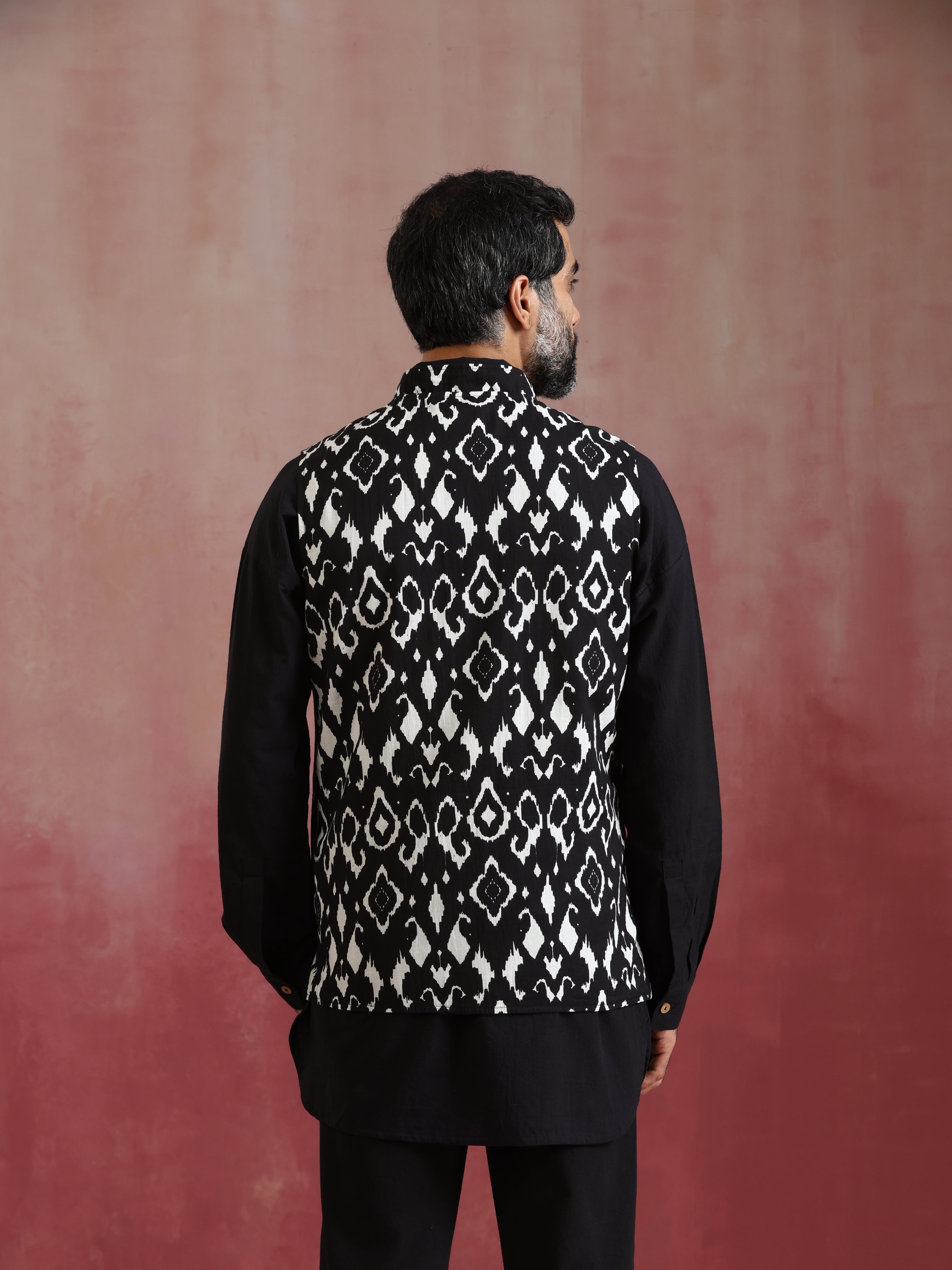 trueBrowns Men's Black Ikat Print Cotton Reversible Nehru Jacket | Grocsy
