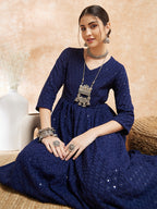 InWeave Women's Royal Blue Chikankari Long Anarkali Kurta Sharara Set | Grocsy