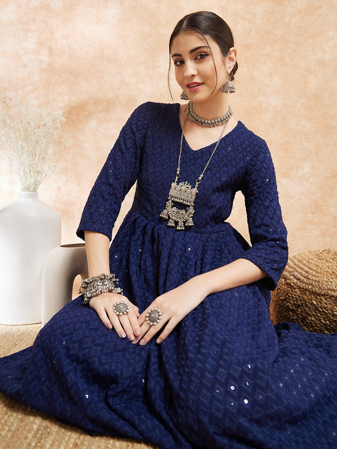 InWeave Women's Royal Blue Chikankari Long Anarkali Kurta Sharara Set | Grocsy
