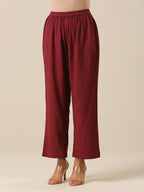 trueBrowns Ruby Wine Slub Texture Back Pleat Kurta Pant Set | Grocsy