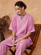 InWeave Women's Mauve Kantha Lace Wrok Kimono Sleeve Kurta Set | Grocsy