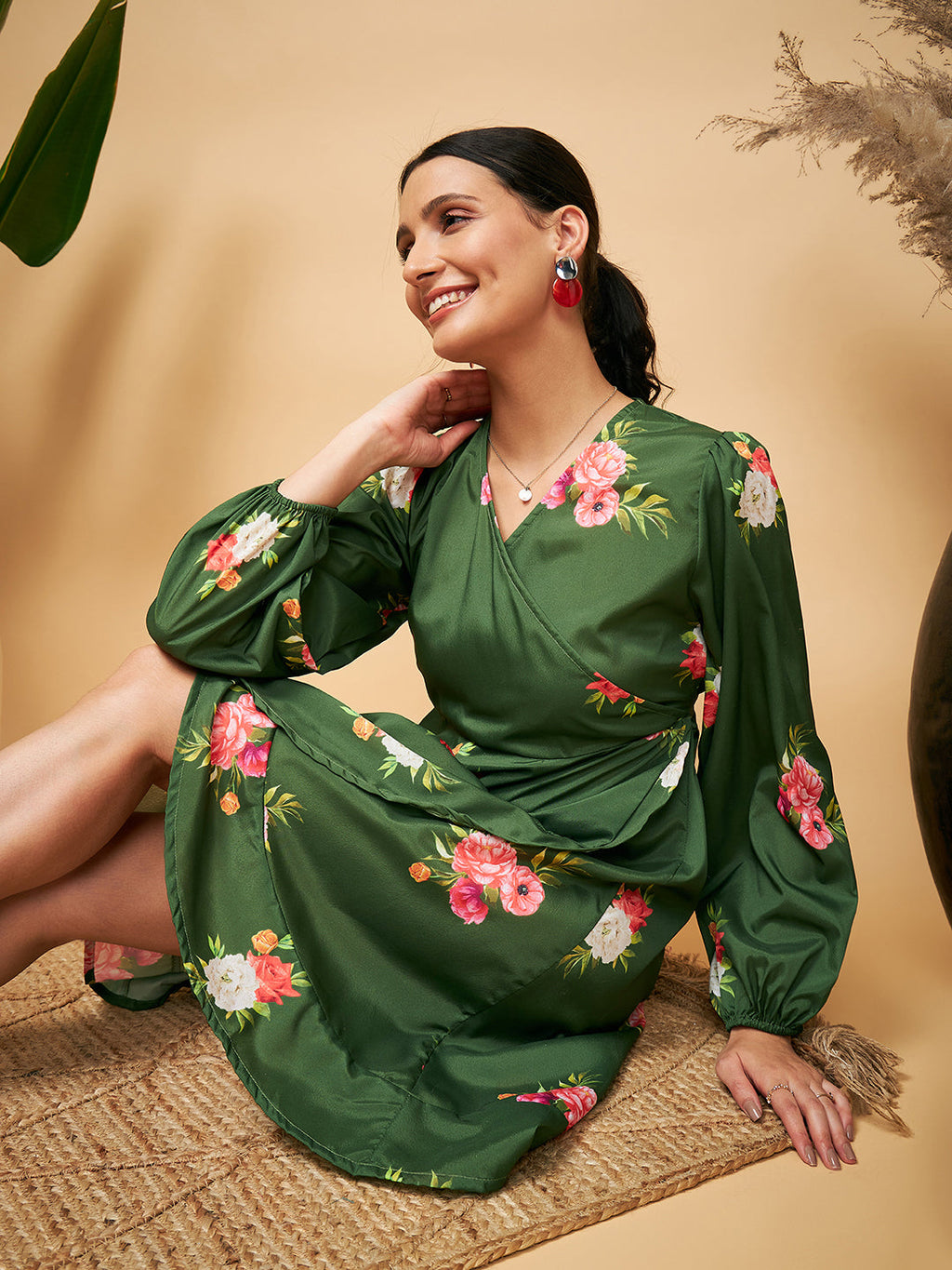 InWeave Women's Green Small Flower Belted Dress | Grocsy