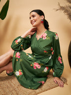 InWeave Women's Green Small Flower Belted Dress | Grocsy