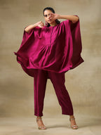 trueBrowns Purple Textured Silk Gathered Kaftan Co-Ord Set | Grocsy