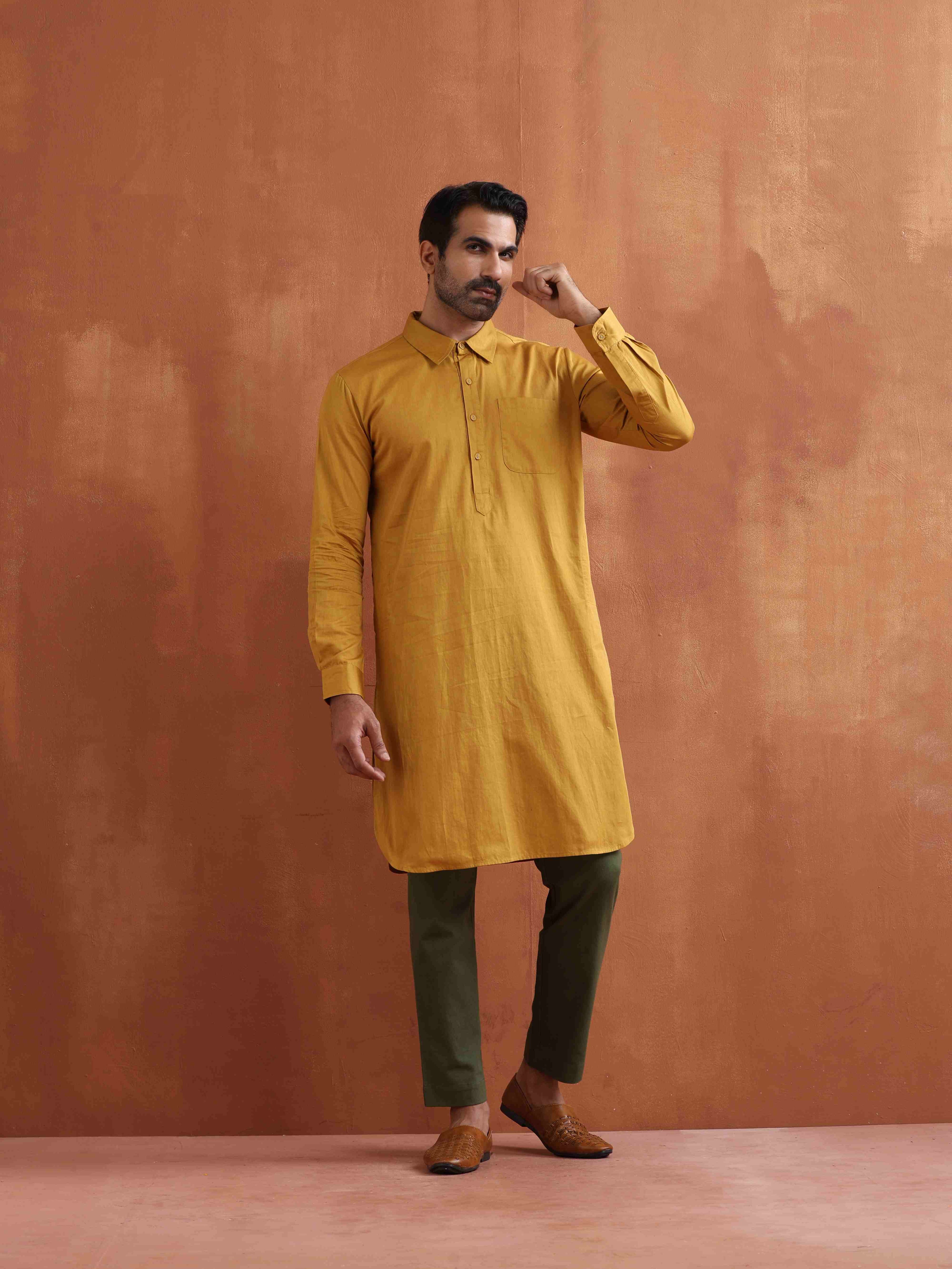 trueBrowns Men's Mustard Cotton Kurta | Grocsy