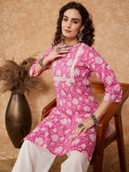 InWeave Women's Pink White Floral Square Lace Work Straight Kurta | Grocsy