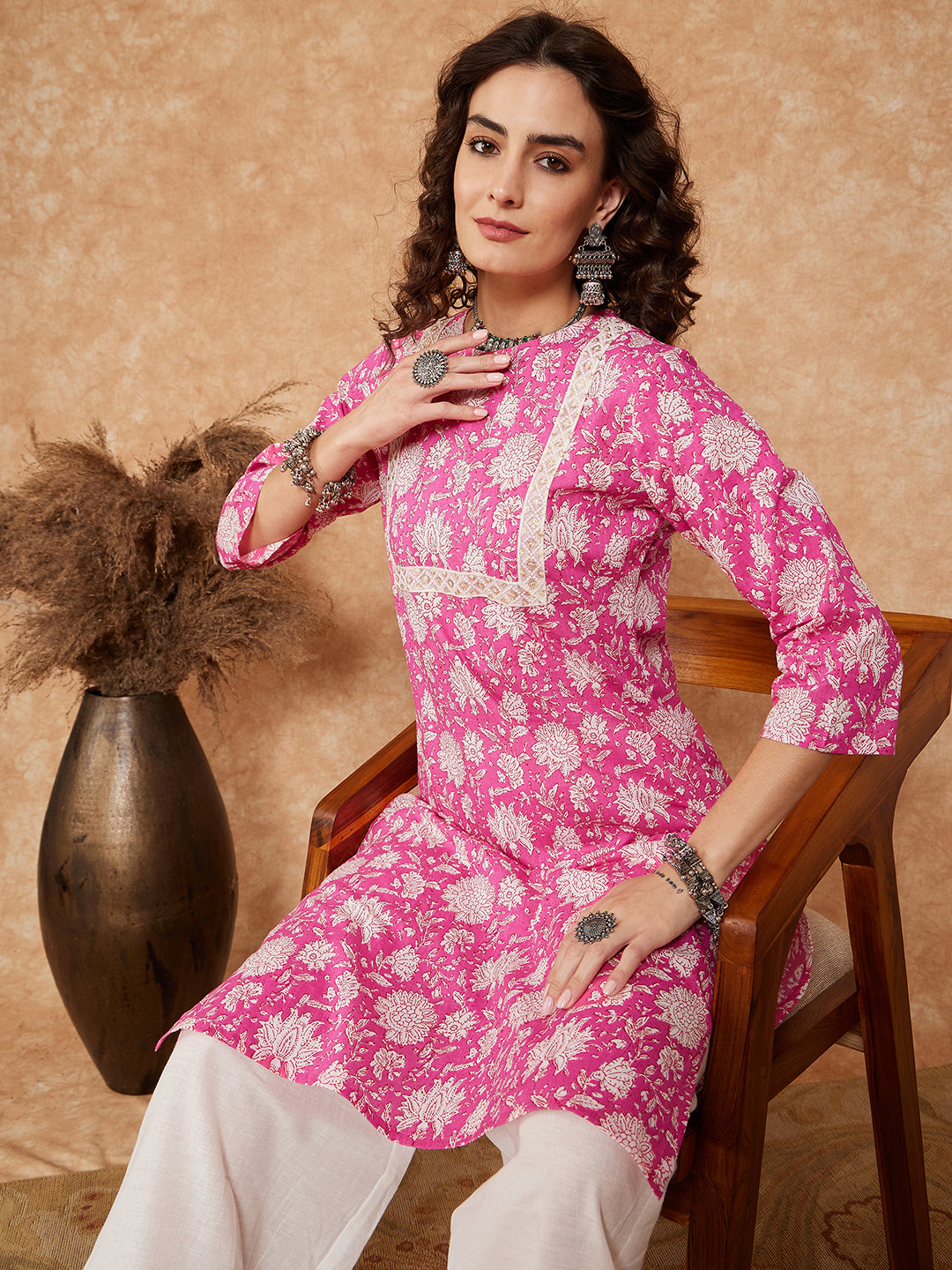 InWeave Women's Pink White Floral Square Lace Work Straight Kurta | Grocsy