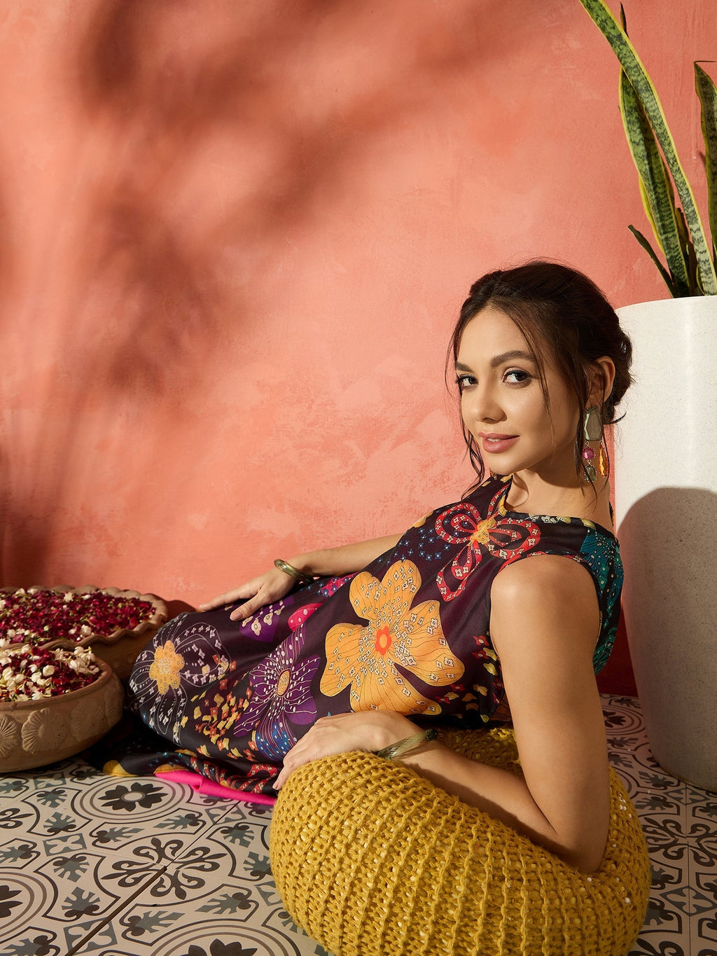 InWeave Black Floral Fuchsia Asymmetrical Dress | Grocsy