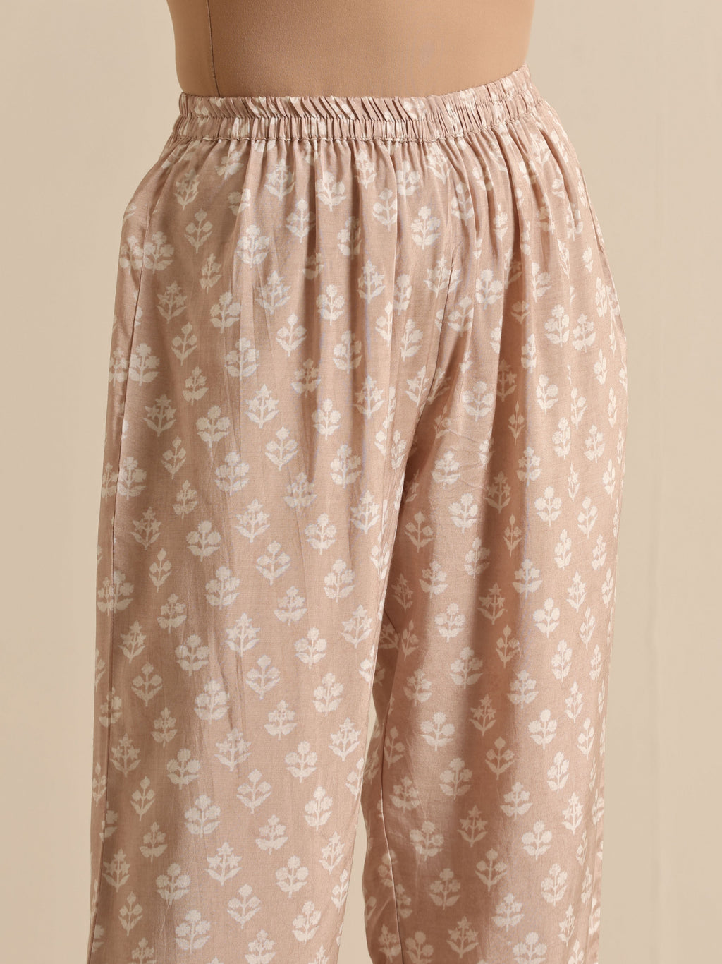 trueBrowns Beige White Floral Silk Print Kaftan Pant Set | Grocsy