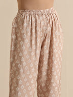 trueBrowns Beige White Floral Silk Print Kaftan Pant Set | Grocsy
